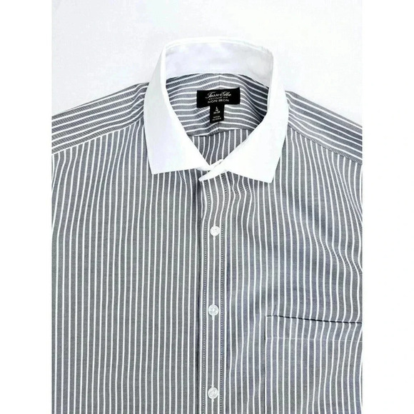 Tasso Elba Regular Non Iron Large 16 34-35 Gray White Collar Stripe French Cuff - Picture 1 of 12